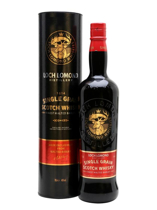 Whisky Loch Lomond Single Grain 0,7l 46% w zestawie z elegancką czarną tubą z czerwono-złotymi detalami. 