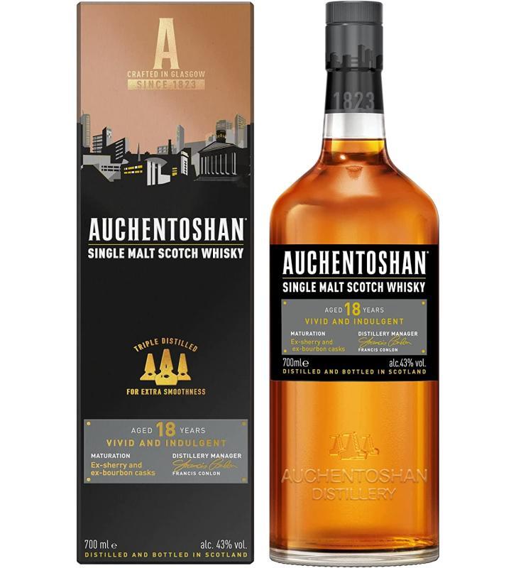 18-letnia szkocka whisky single malt Auchentoshan - \Vivid and Indulgent\ dojrzewająca w beczkach po bourbonie i sherry. Zabutelkowana z mocą 43% abv. Do whisky dołączony elegancki kartonik.